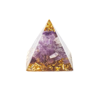3cm Orgone Pyramid ornament with purple amethyst stones and golden metal flakes