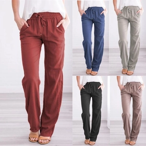 Vue détaillée du pantalon en coton et lin à jambes larges avec cordon de serrage en 5 couleurs