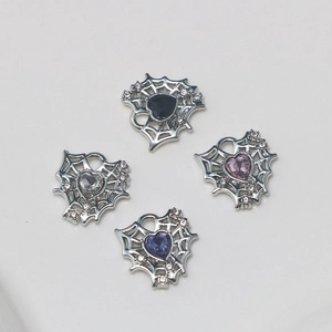 Silver spider web heart pendants with colorful rhinestones for DIY jewelry making