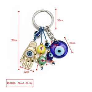 Detailed size measurement of Hamsa hand and Evil Eye keychain with blue resin beads