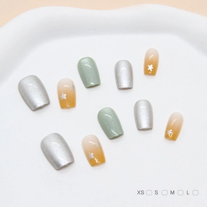 Handmade Press On Nails Cat Eye Gradient Star Design Short Square Round Sweet Ins Style Glossy ABS Plastic