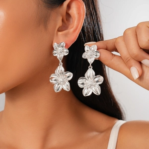 Chic silver metallic double-layered floral drop earrings for women in a minimalist style