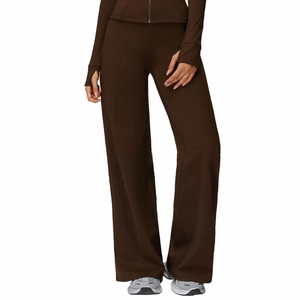 Women's dark brown thermal high waist wide leg sports set with thumb hole zipper top