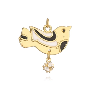Detail of bird pendant with gold plating, white enamel inlay and a sparkling zircon drop