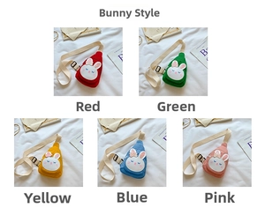 Collage of cute rabbit canvas chest bags in red, green, yellow, blue and pink colors