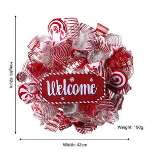 Detail of 42cm Christmas wreath with red white ribbons and wooden Welcome sign