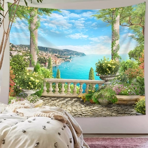 Detail of Mediterranean seaside landscape tapestry with vibrant floral balcony scene