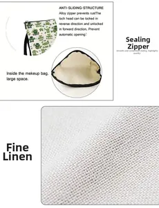 Detail of clover patterned linen makeup bag with non-slip alloy zipper and inner lining