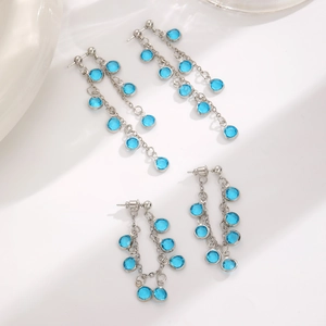 Blue crystal tassel earrings for women with silver-tone chain in a minimalist layout