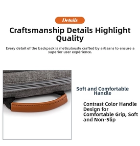 Detail view of the brown leather handle and grey fabric on the men's business briefcase
