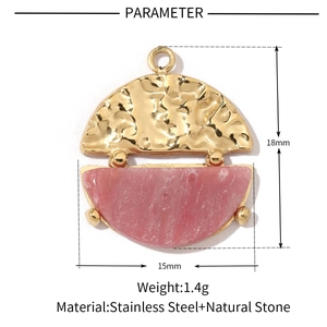 Detail view of 15x18mm stainless steel and pink natural stone pendant for jewelry making