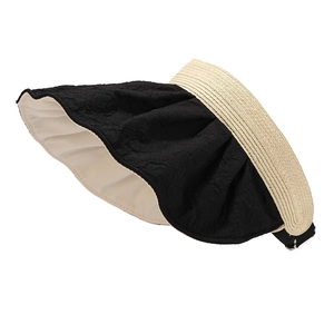 Cappello parasole a visiera aperta in paglia beige e tesa in tessuto nero anti-UV