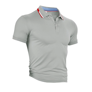 Macro detail of breathable mesh fabric and tricolor neck tape on light gray polo shirt
