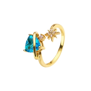 Star and heart-shaped zircon open ring in 18k gold plating with blue gemstone accent