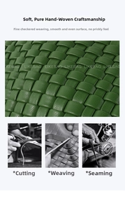 Detail of green leather woven texture and handmade production steps for hand bag
