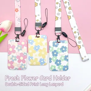Floral ID card holder set with double-sided print lanyards in pink, yellow and blue