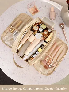 Portable beige large capacity makeup bag with double zippers and organized compartments