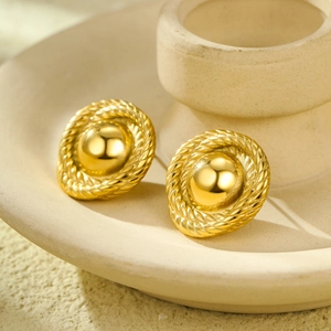 Chic 18K gold plated stainless steel dome earrings with elegant rope textured edges