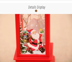 Detail display of Christmas lantern featuring Santa Claus painting and festive LED light