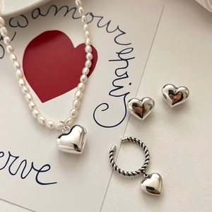 925 sterling silver heart jewelry set with white pearl necklace earrings and open ring