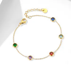 Minimalist Stainless Steel Gold Plated Bracelet Colorful Round Zirconia Adjustable Thin Chain For Women Vintage Style
