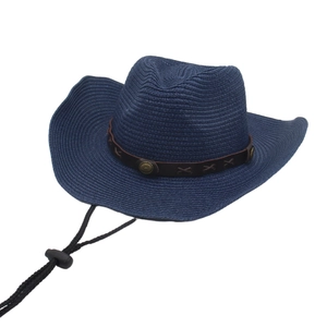 Cappello da cowboy classico in paglia Panama blu scuro con cinturino in pelle e sottogola