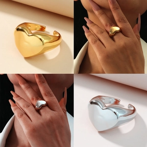 Chunky Heart Open Ring Copper Gold Silver Plated Adjustable Mirror Polished Minimalist Fashion Jewelry For Women