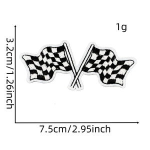 Close-up of black and white racing checkered flag embroidery patch with size dimensions