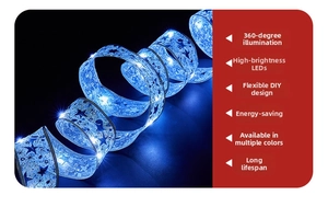 Detail of blue LED ribbon light with star patterns and flexible wire for DIY decor