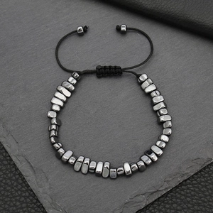 Men Beaded Bracelet Natural Irregular Hematite And Stainless Steel Handwoven Adjustable Braided Rope Jewelry