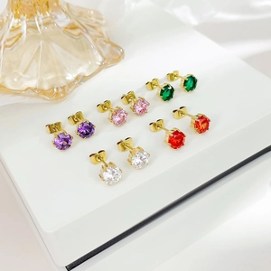 Elegant 6-pair set of colorful round-cut crystal stud earrings with gold-plated prong settings