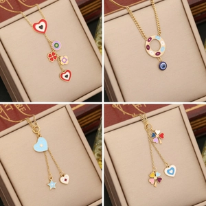 Collana In Acciaio Inossidabile Per Donna Con Pendente In Smalto Colorato Cuore Quadrifoglio Stella Occhio