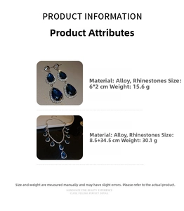 Detailed size and material specification of the blue drop pendant necklace and earrings set