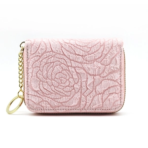 Pink accordion card holder with rose embossed pattern and golden zipper chain