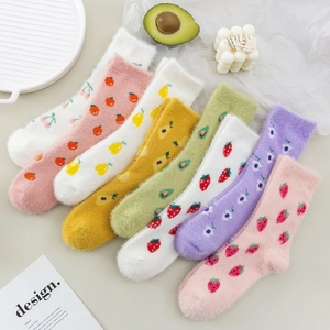 Cozy mink fleece crew socks for women with sweet fruit patterns for winter warmth