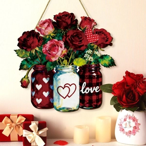 Panneau Suspendu Bois Saint Valentin Rose Cœur Pot Mason Décor Porte Ferme Rustique Plaque Murale Amour Maison Romantique
