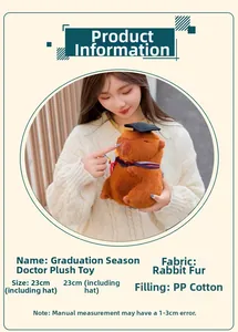 Detail of 23cm capybara plush toy with graduation cap made of soft rabbit fur fabric