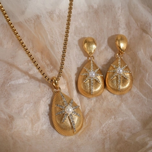 Stainless Steel Jewelry Necklace And Earrings Teardrop Textured Artificial Pearl Starburst Zircon French Elegant Vintage