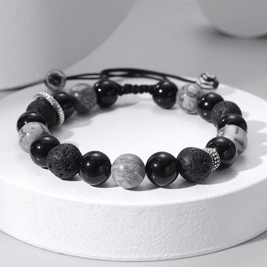 Adjustable 8mm/10mm lava rock and map stone beaded bracelet with woven cord for men