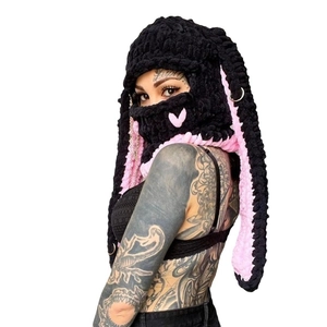 Handmade bunny ear balaclava in black and pink knit with heart embroidery detail