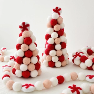 Handmade wool felt Christmas tree set with red and white pom pom garland decor