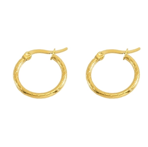 Macro shot of gold-plated titanium steel hoop earrings with detailed spiral texture