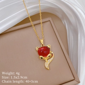 Golden fox pendant necklace with red gemstone details and size weight specifications
