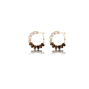Elegant gold C-shape hoop earrings with zircon stones and polished brown tiger eye beads