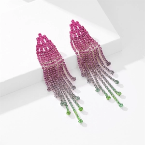 Elegant long fringe drop earrings with gradient rhinestones in pink, purple, and green