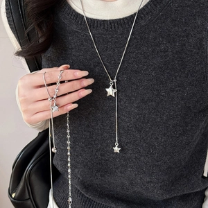Star Pendant Y-Shaped Asymmetric Copper Necklace Simple Elegant Sweater Chain Jewelry For Women Silver Tone Adjustable