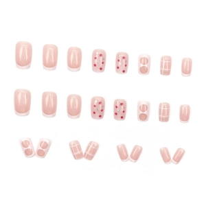 French square press-on nails with nude pink plaid, colorful polka dots and star designs