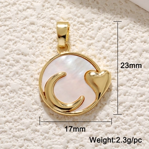 Detailed view of gold shell heart pendant with size dimensions 23mm by 17mm