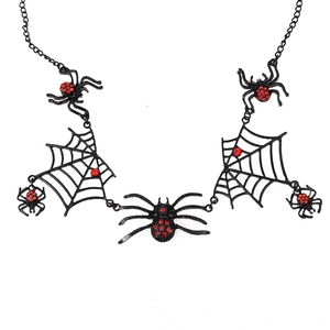 Gothic black metal spider necklace with red rhinestones and spider web pendants