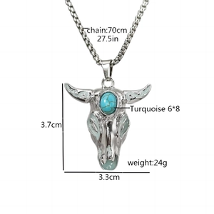 Luminous stainless steel bull skull necklace with turquoise inlay and 70cm chain
